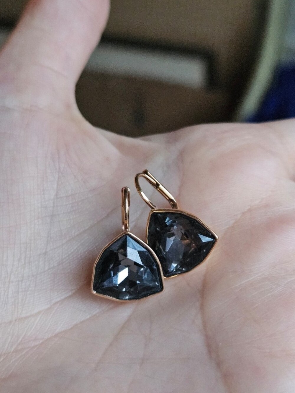 Swarovski Rose Gold Drop Earrings with Dark Gray Crystal Gemstones